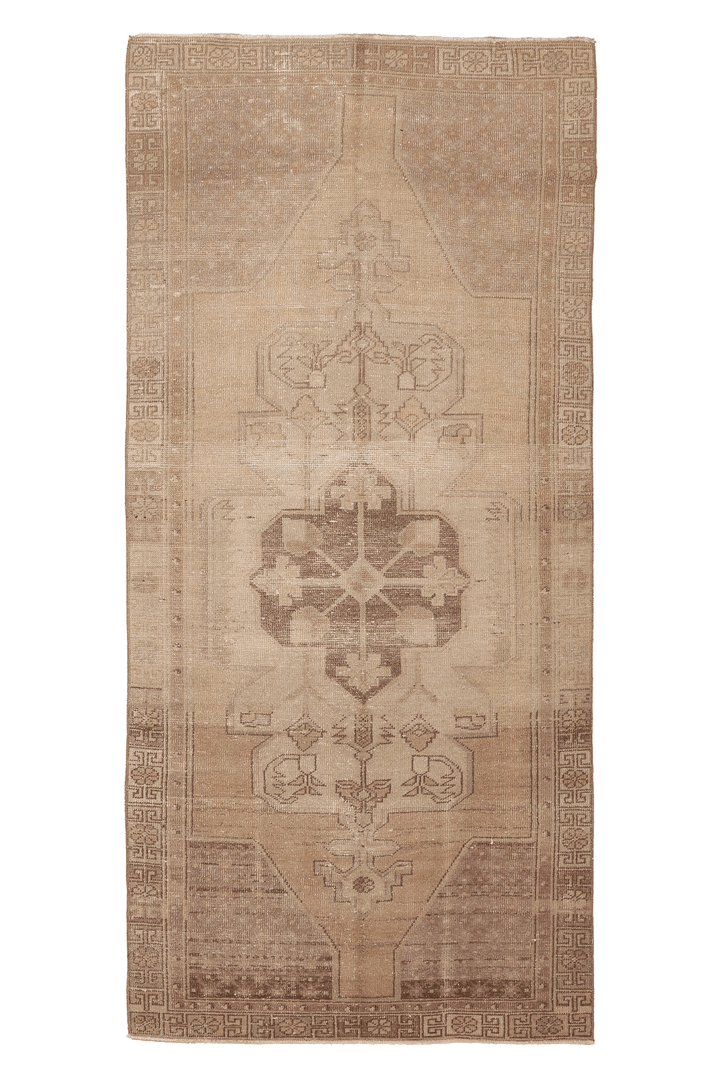 Vintage Malatya Turkish Runner Rug 4x8 ft — Beige & Brown Geometric