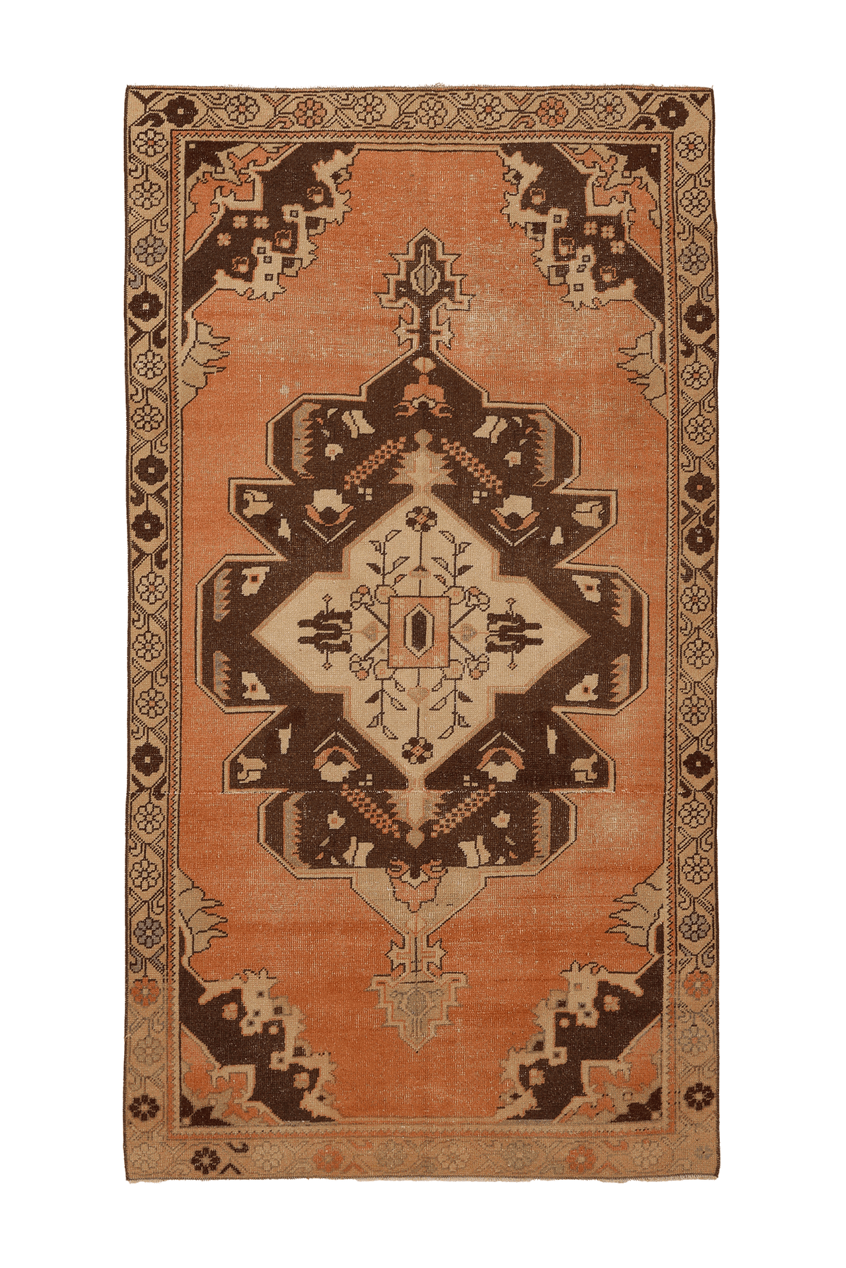 Vintage Kırşehir Turkish Area Rug 4x8 ft — Orange & Brown Geometric