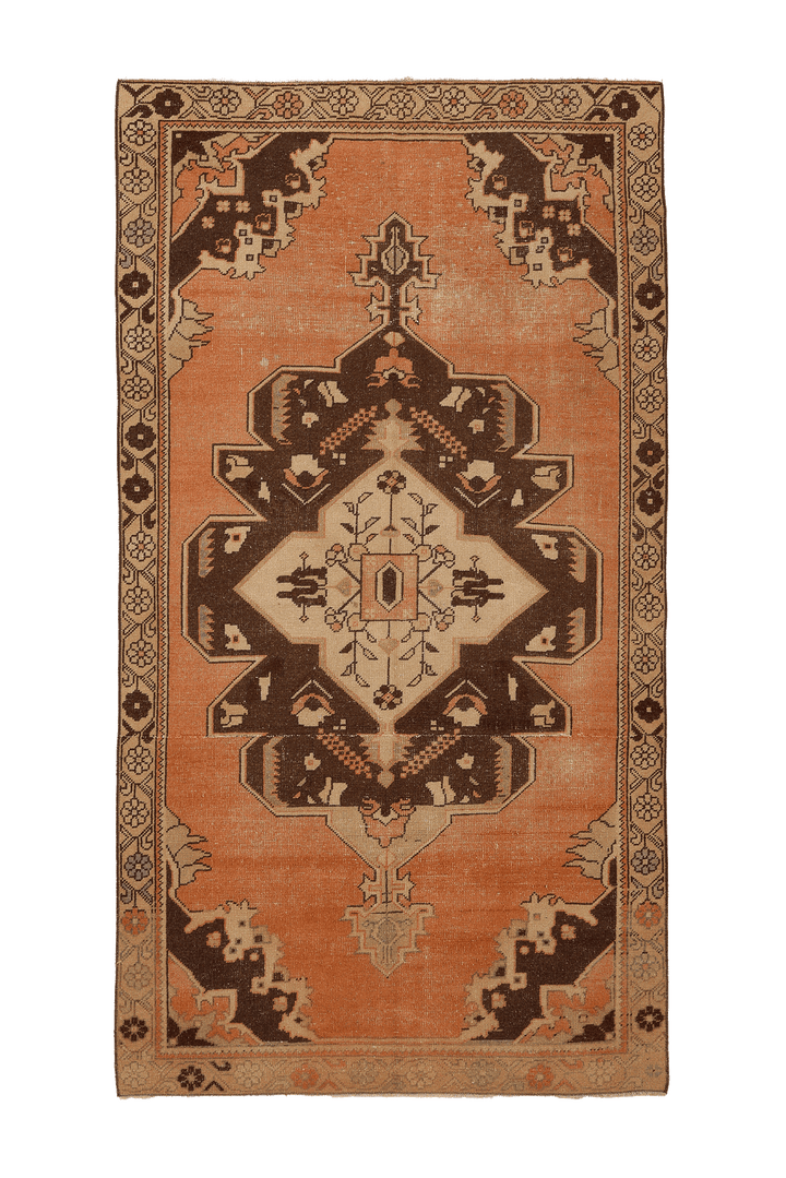Vintage Kırşehir Turkish Area Rug 4x8 ft — Orange & Brown Geometric