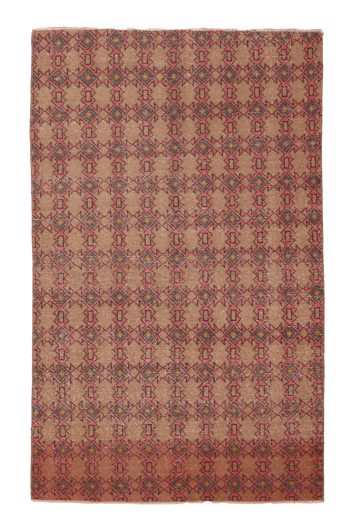 Vintage Isparta Turkish Area Rug 4x7 ft — Brown & Red Geometric