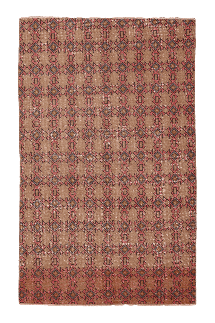 Vintage Isparta Turkish Area Rug 4x7 ft — Brown & Red Geometric