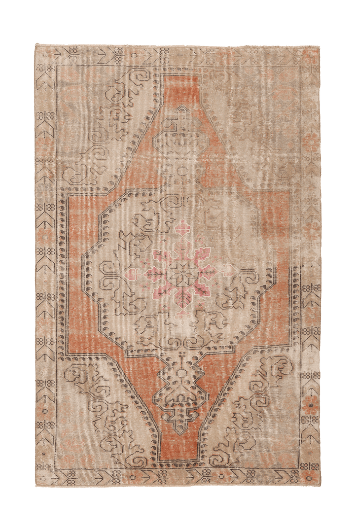 Vintage Nevşehir Turkish Area Rug 4x7 ft — Orange & Beige Geometric