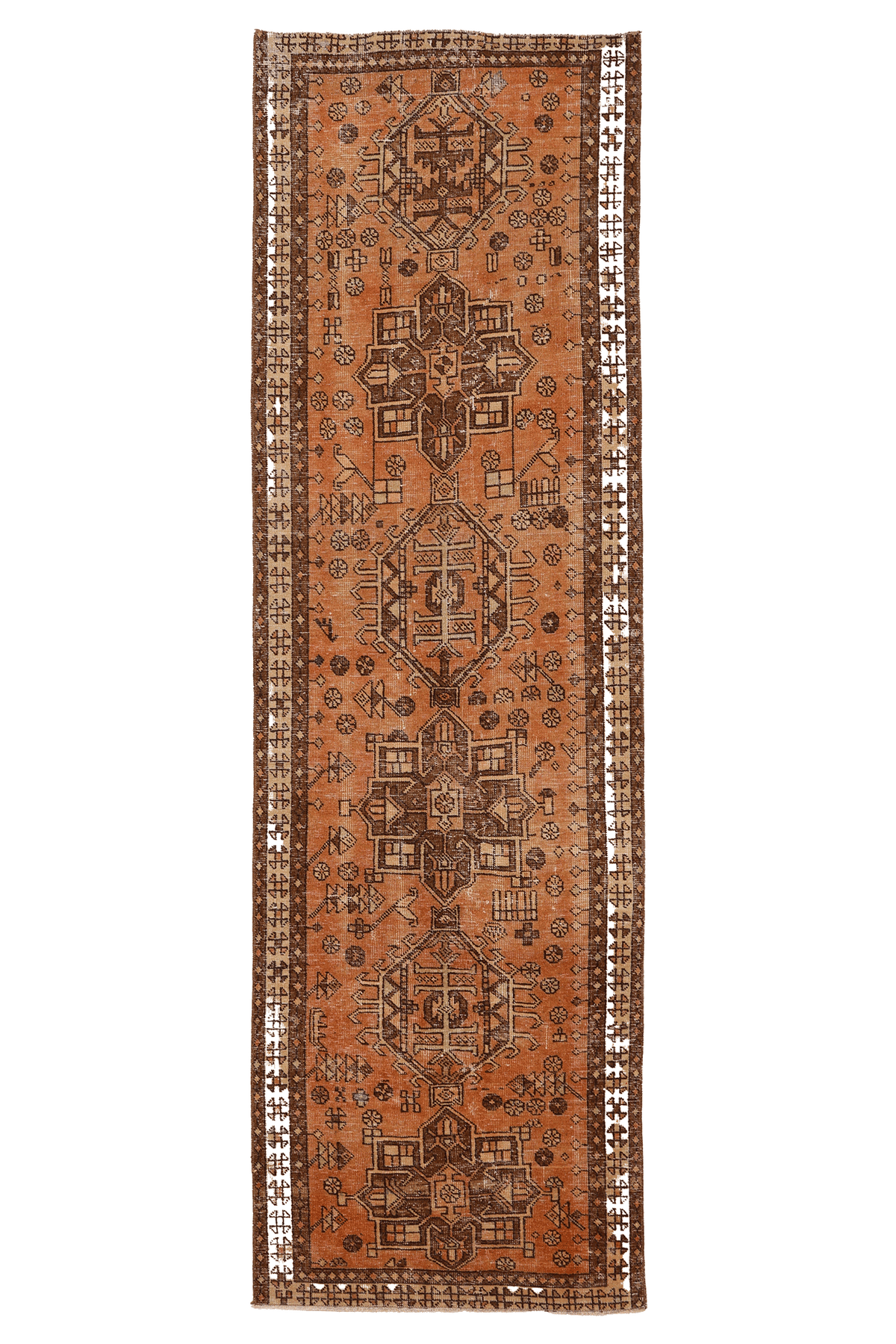 Vintage Malatya Turkish Runner Rug 3x10 ft — Orange & Brown Geometric (No. 51167)