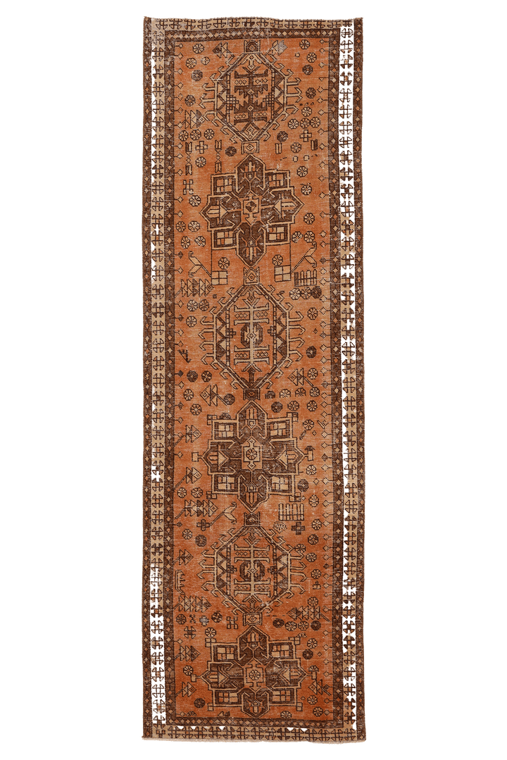 Vintage Malatya Turkish Runner Rug 3x10 ft — Orange & Brown Geometric (No. 51167)