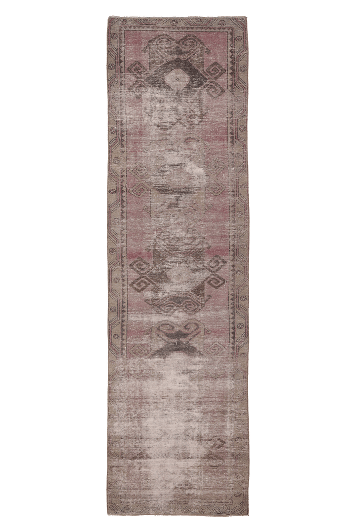 Vintage Malatya Turkish Runner Rug 3x12 ft — Gray & Pink Distressed