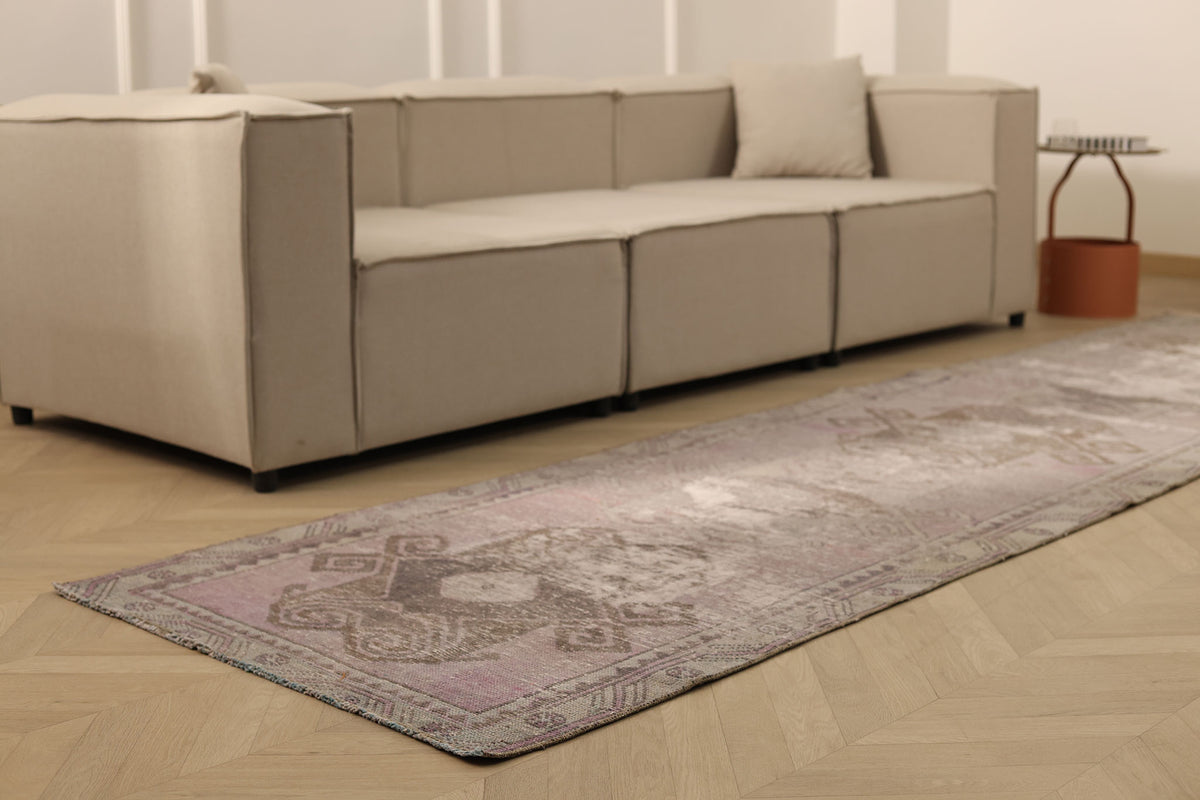 Vintage Malatya Turkish Runner Rug 3x12 ft — Gray & Pink Distressed