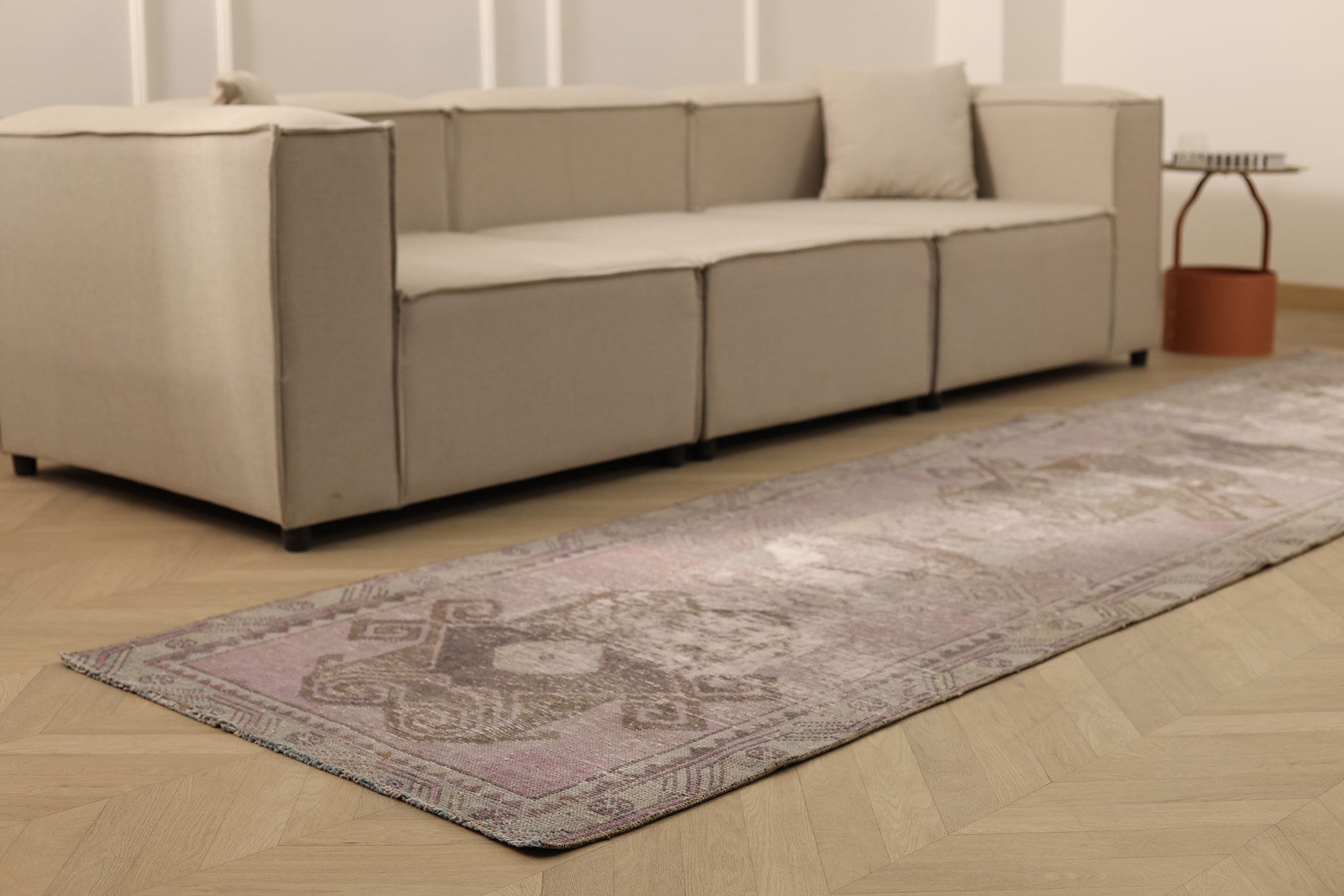 Vintage Malatya Turkish Runner Rug 3x12 ft — Gray & Pink Distressed