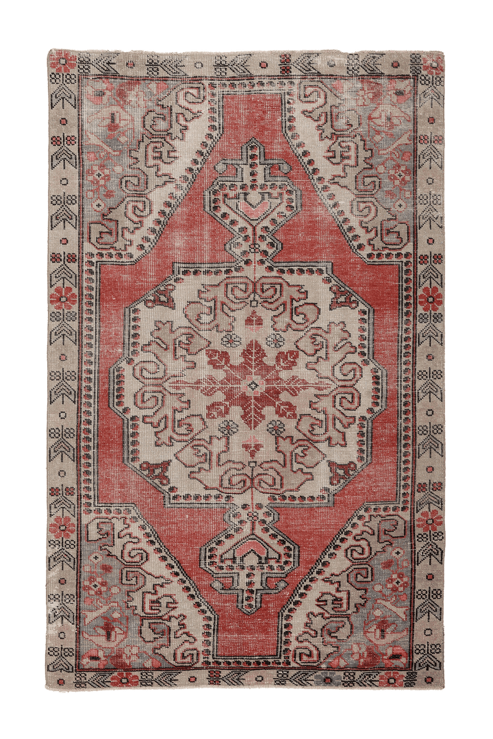 Vintage Nevşehir Turkish Area Rug 4x7 ft — Red & Beige Floral