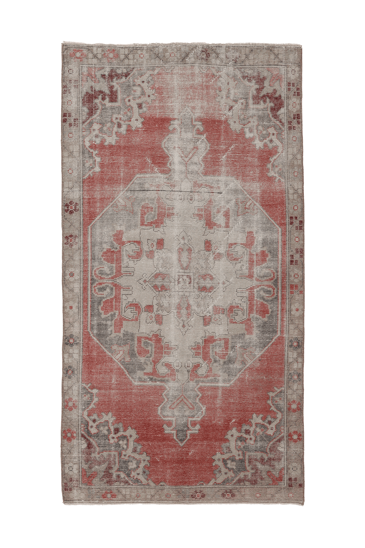 Vintage Nevşehir Turkish Area Rug 4x8 ft — Red & Beige Distressed