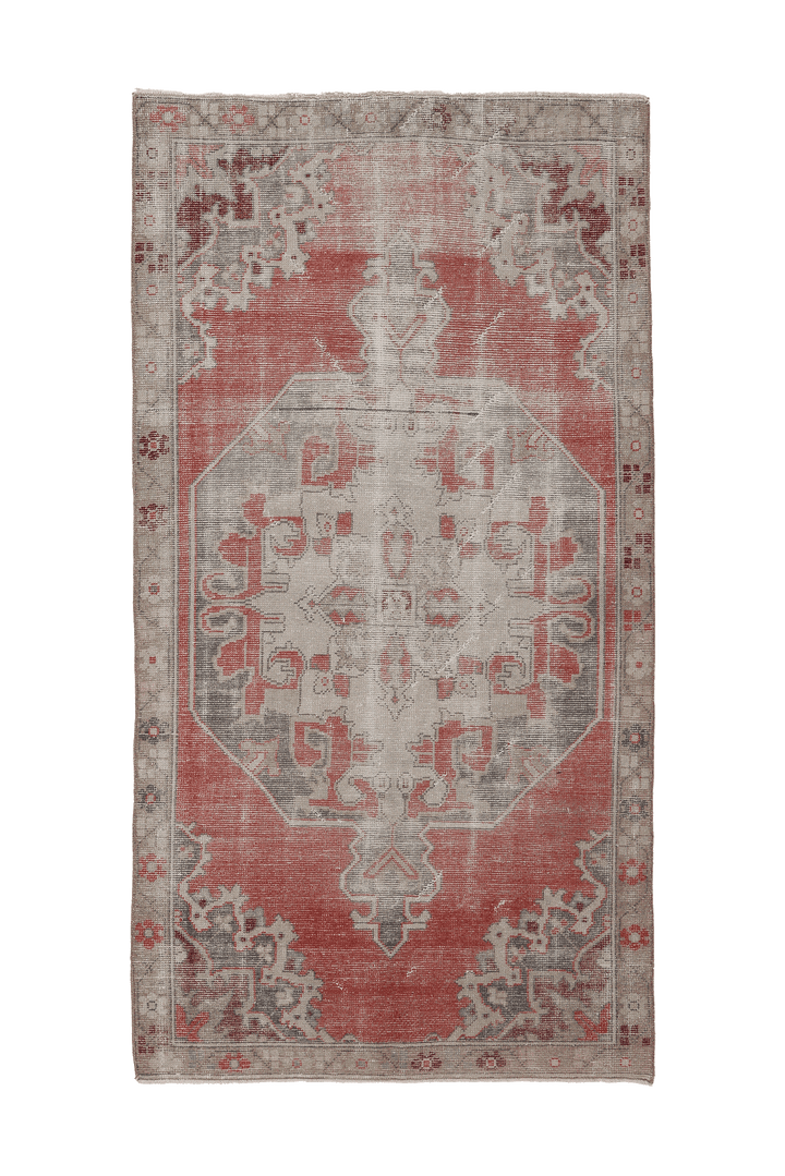 Vintage Nevşehir Turkish Area Rug 4x8 ft — Red & Beige Distressed