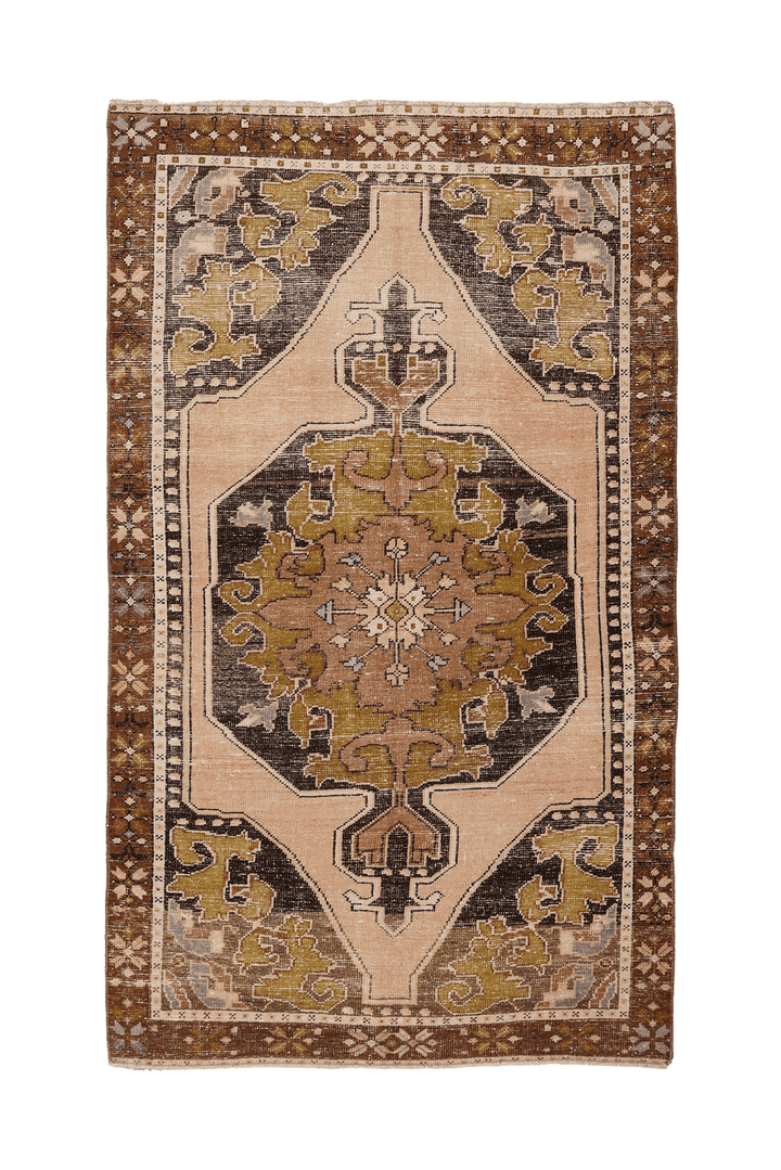 Vintage Elazığ Turkish Area Rug 4x7 ft — Beige & Brown Distressed