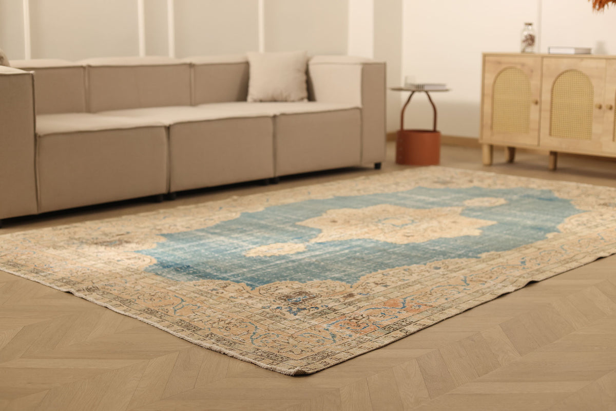 Vintage Isparta Turkish Area Rug 6x11 ft — Blue & Beige Floral