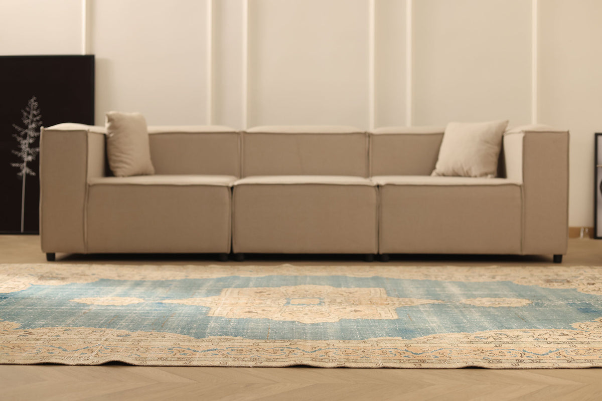 Vintage Isparta Turkish Area Rug 6x11 ft — Blue & Beige Floral