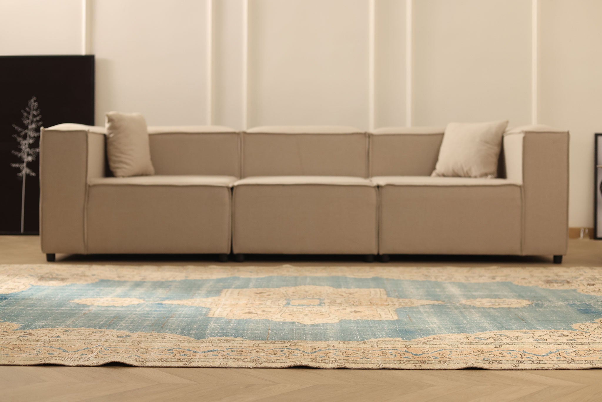 Vintage Isparta Turkish Area Rug 6x11 ft — Blue & Beige Floral