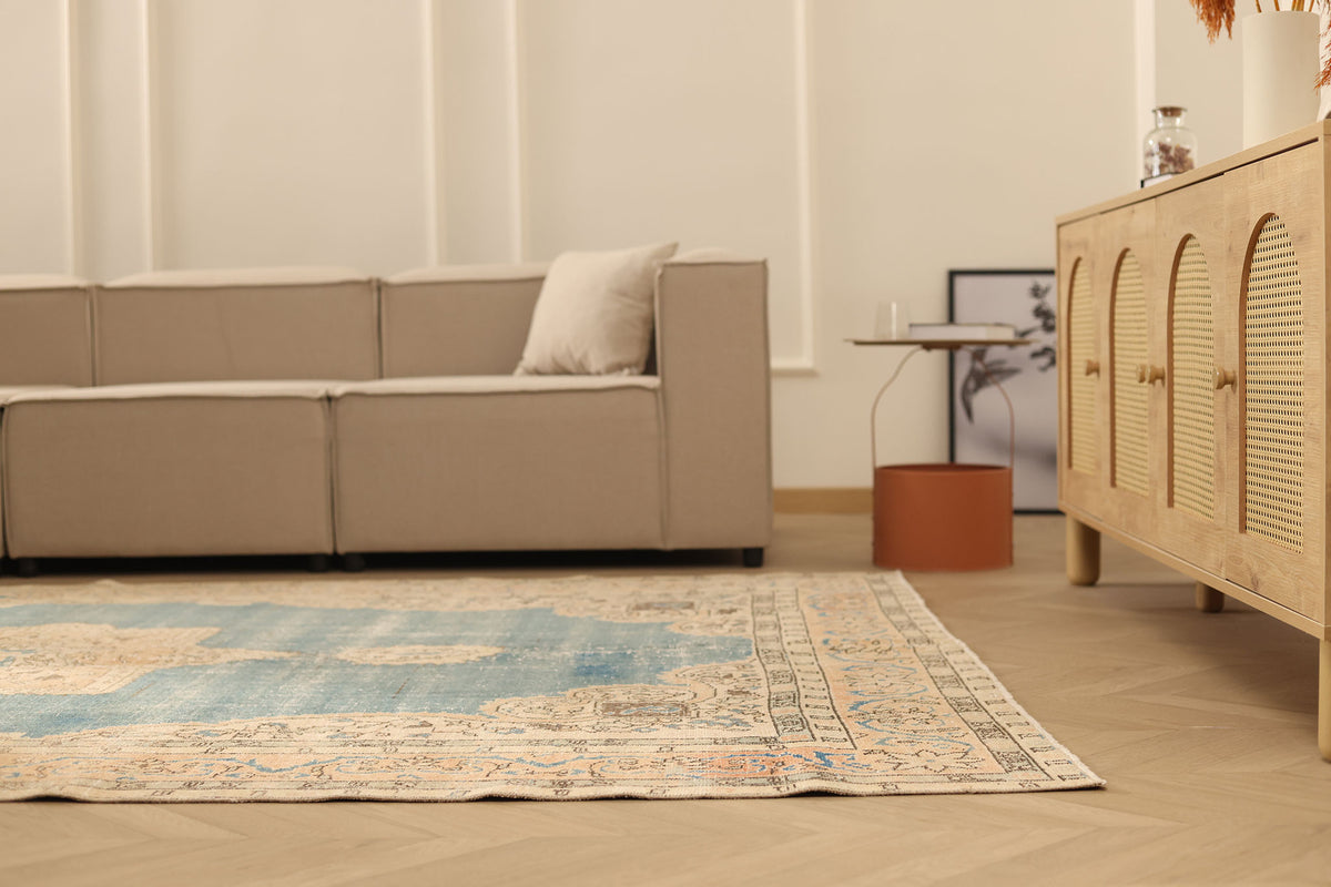 Vintage Isparta Turkish Area Rug 6x11 ft — Blue & Beige Floral
