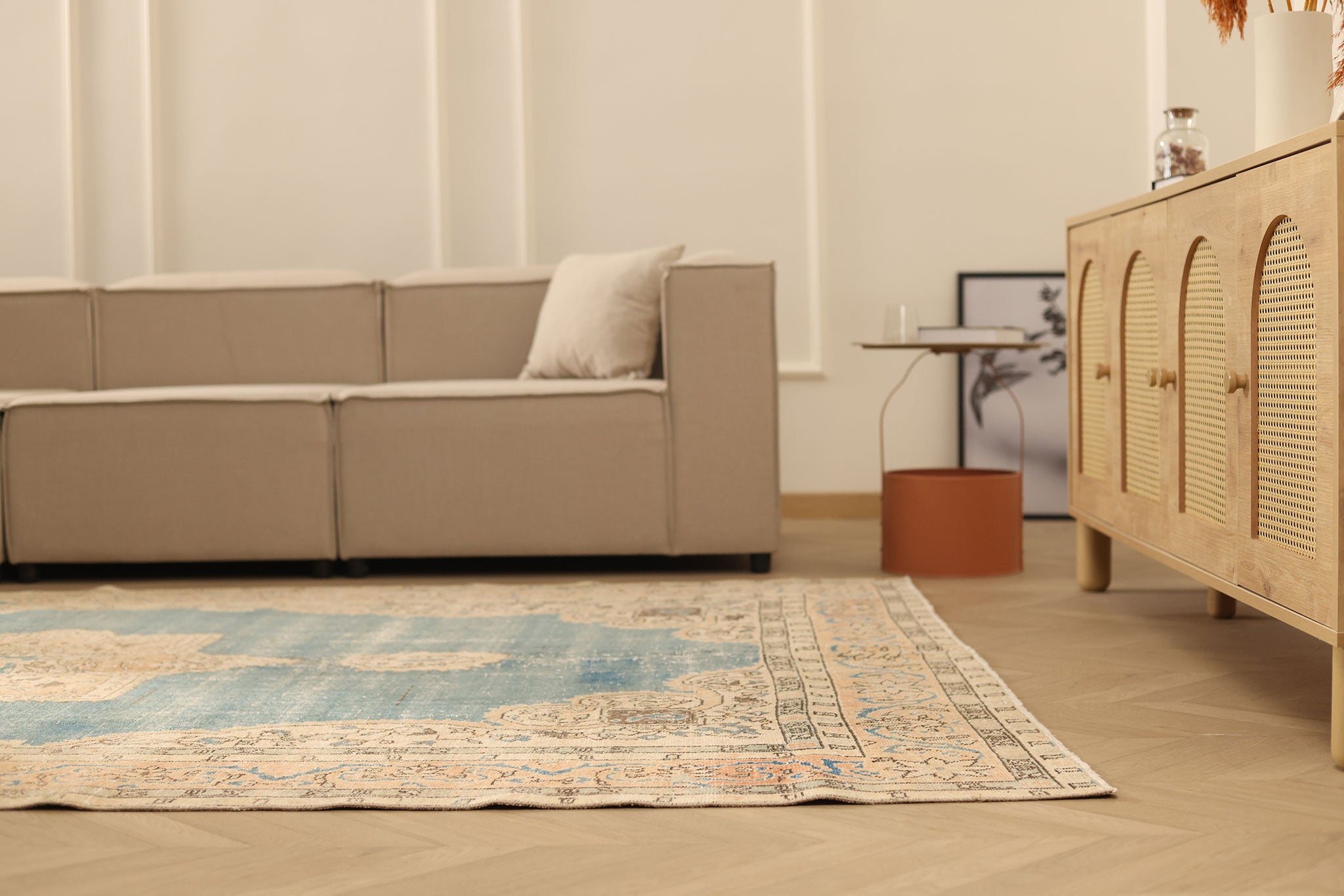 Vintage Isparta Turkish Area Rug 6x11 ft — Blue & Beige Floral