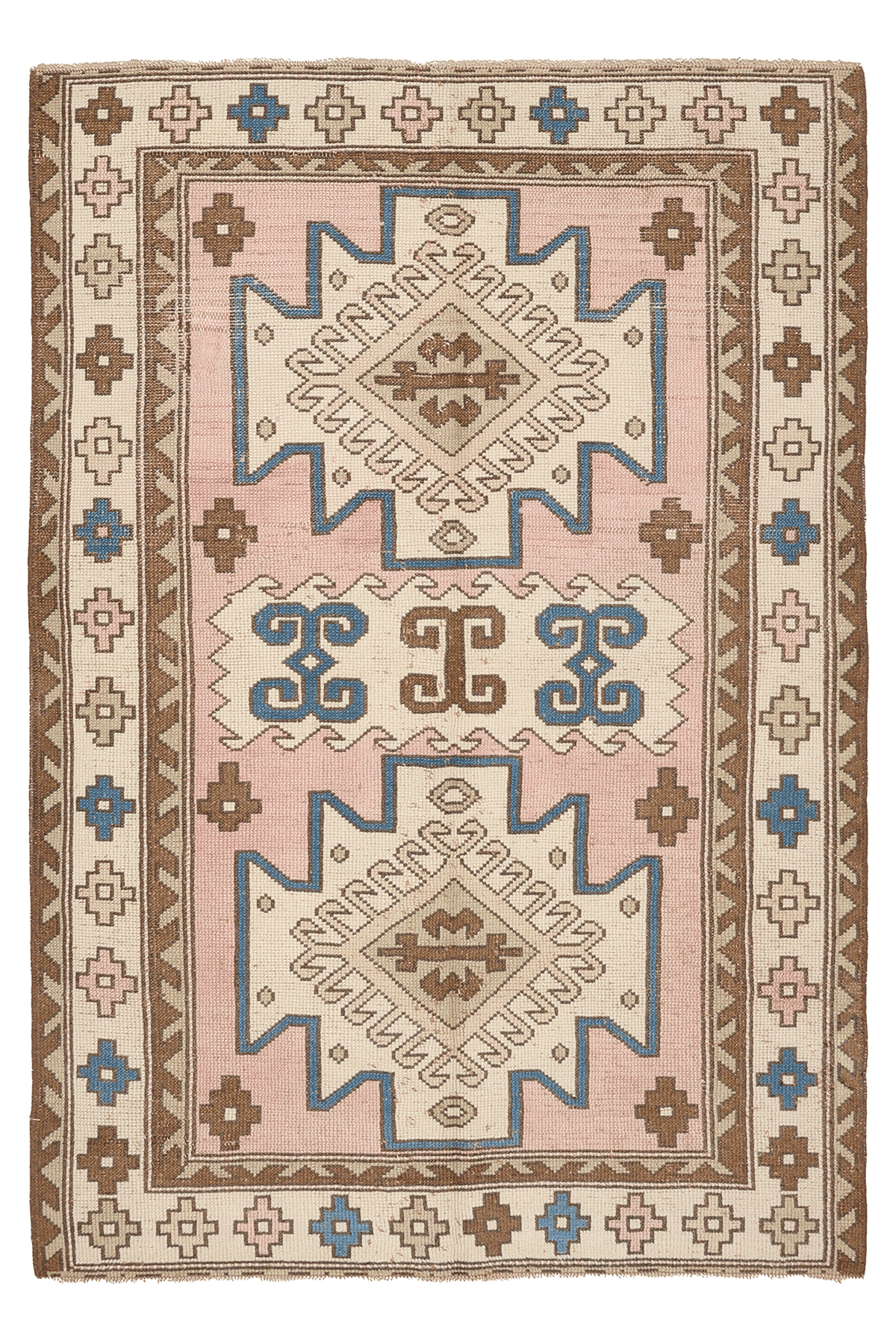 Vintage Kars Turkish Area Rug 4x6 ft — Pink & White Geometric