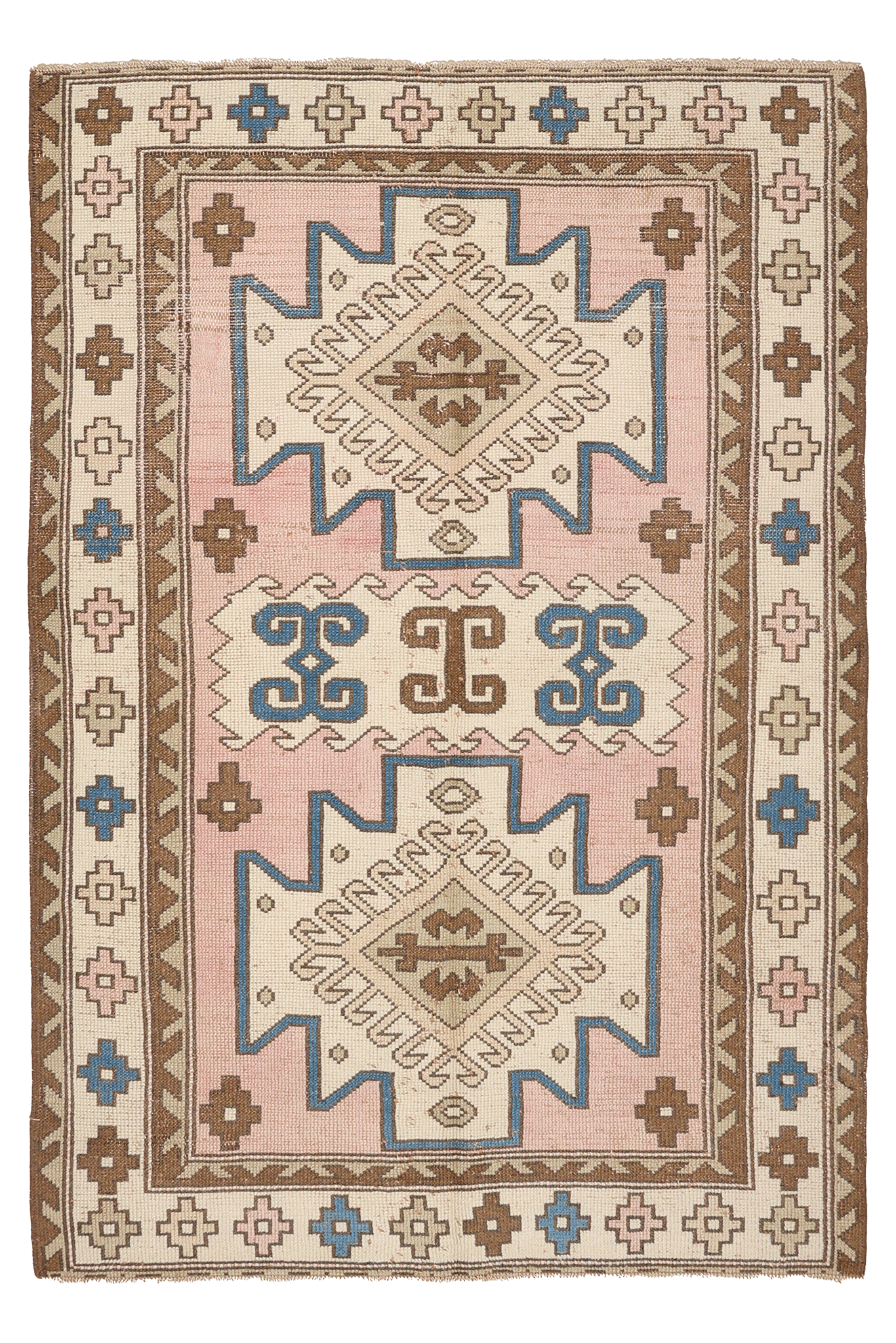 Vintage Kars Turkish Area Rug 4x6 ft — Pink & White Geometric