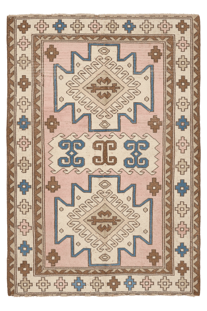 Vintage Kars Turkish Area Rug 4x6 ft — Pink & White Geometric