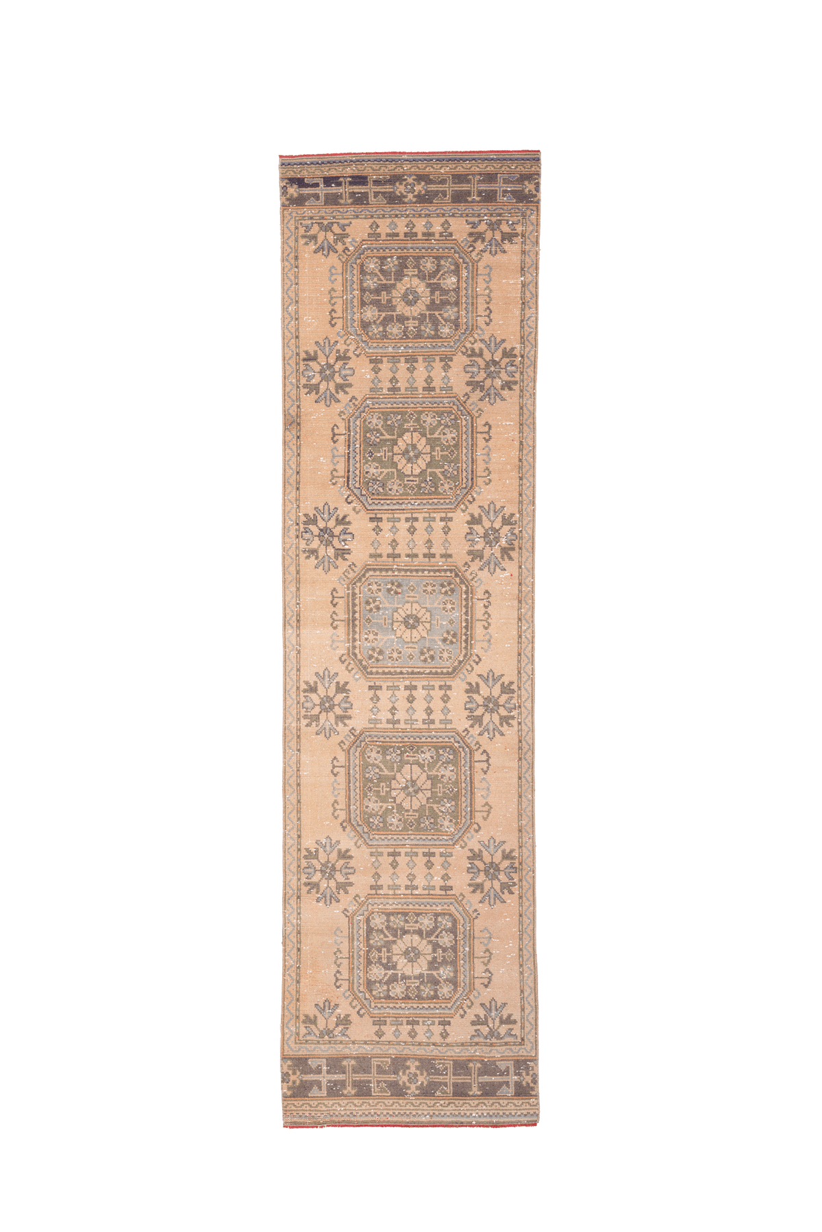 Handmade vintage Konya runner rug in beige and brown with geometric patterns, 3x11 ft wool and cotton blend.