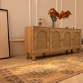 Hand-woven vintage Konya runner rug in beige and brown with geometric patterns, 3x11 ft wool and cotton blend.