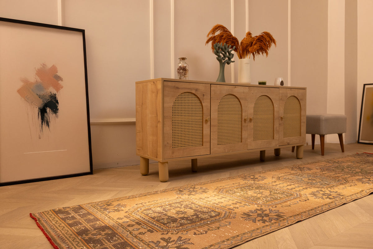 Hand-woven vintage Konya runner rug in beige and brown with geometric patterns, 3x11 ft wool and cotton blend.
