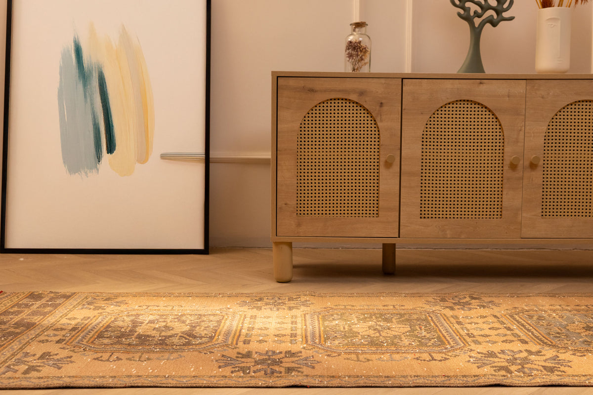Vintage Konya Turkish runner rug in beige and brown with geometric patterns, handmade from wool and cotton.