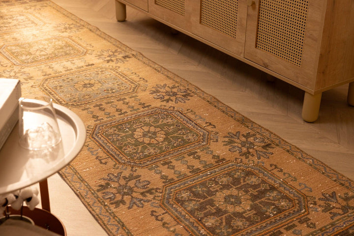 Hand-woven vintage Konya runner rug in beige and brown with geometric patterns, 3x11 ft wool and cotton blend.