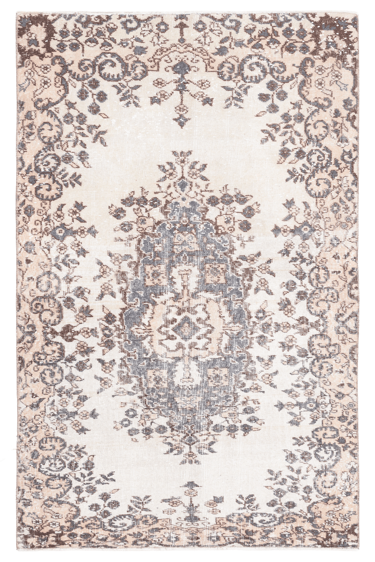 Vintage Isparta Turkish Area Rug 4x6 ft — White & Brown Floral
