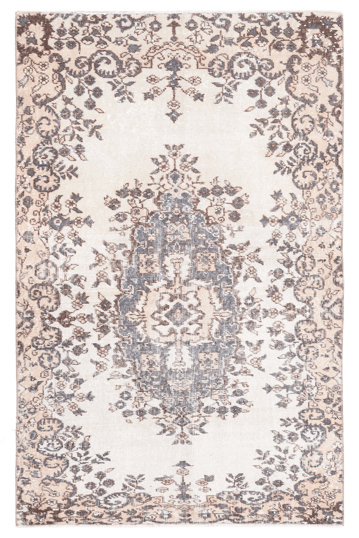 Vintage Isparta Turkish Area Rug 4x6 ft — White & Brown Floral