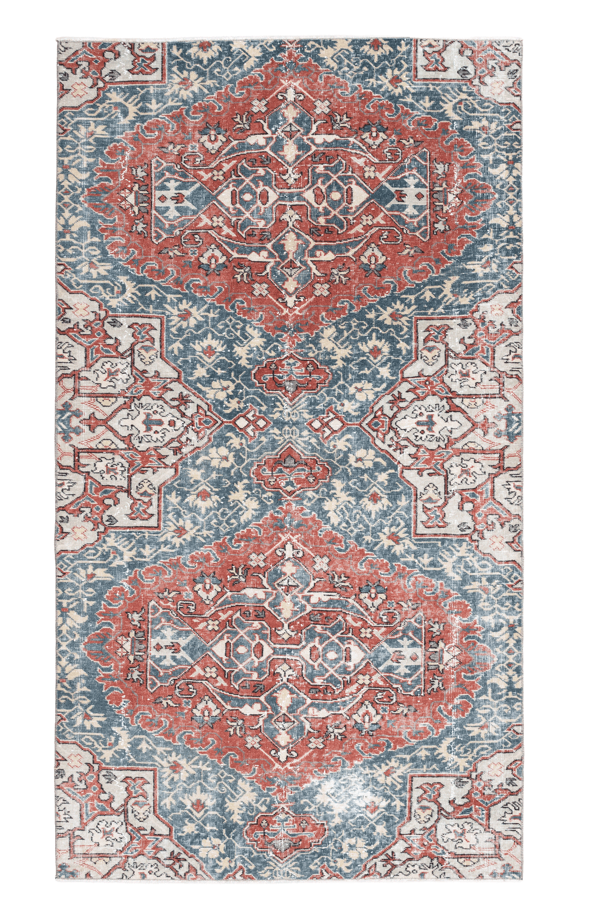 Vintage Isparta Turkish Area Rug 4x7 ft — Red & Blue Floral