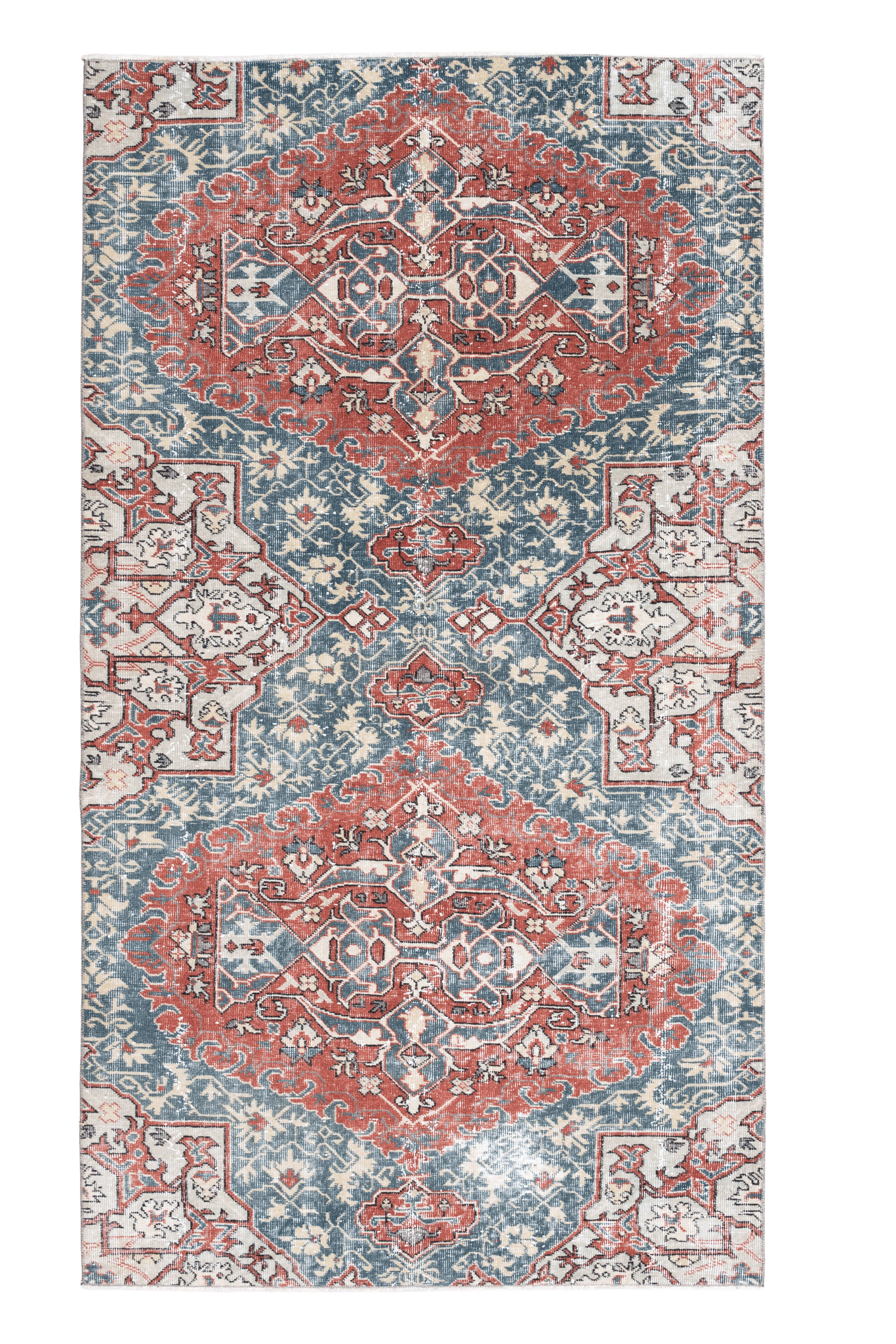 Vintage Isparta Turkish Area Rug 4x7 ft — Red & Blue Floral