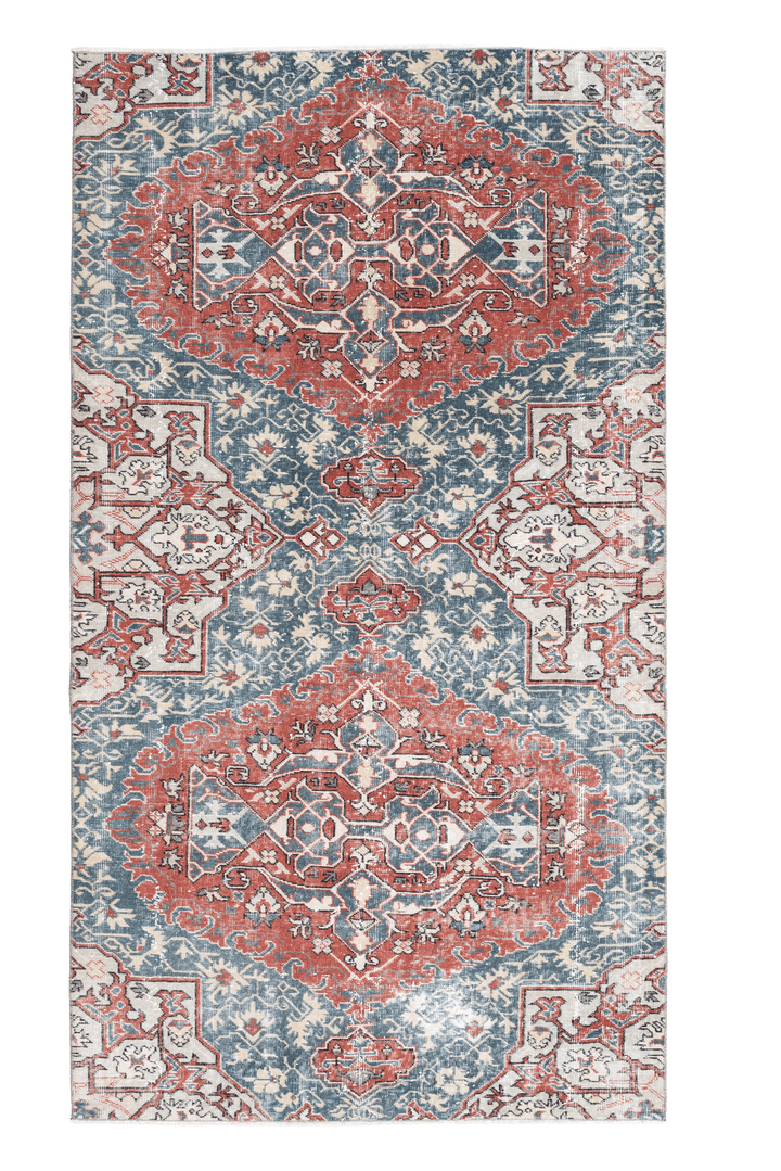 Vintage Isparta Turkish Area Rug 4x7 ft — Red & Blue Floral