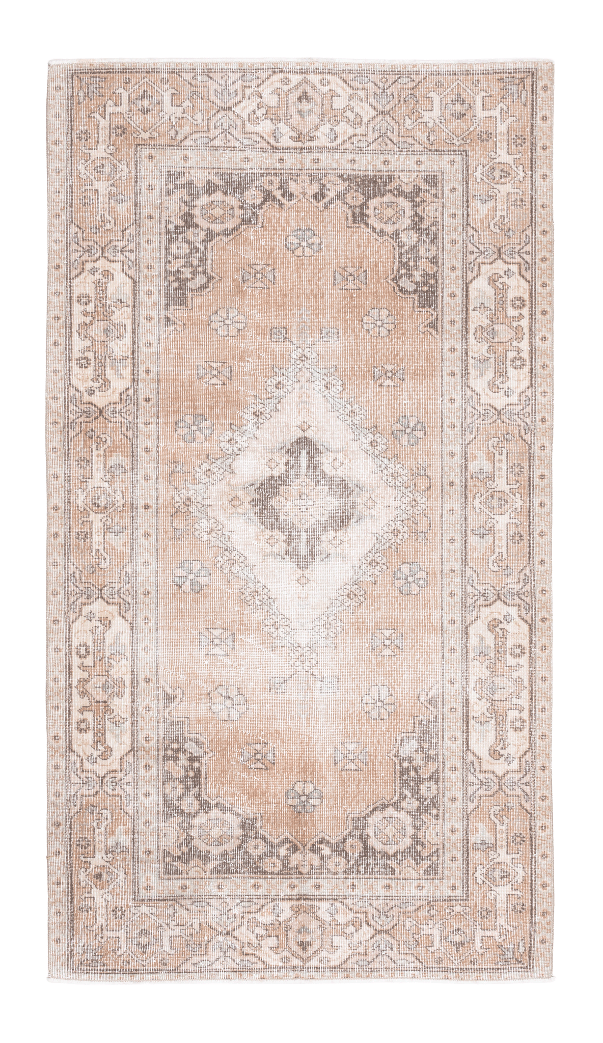 Hand-woven 4x7 ft vintage Isparta wool and cotton rug in brown with intricate floral maximalist patterns.