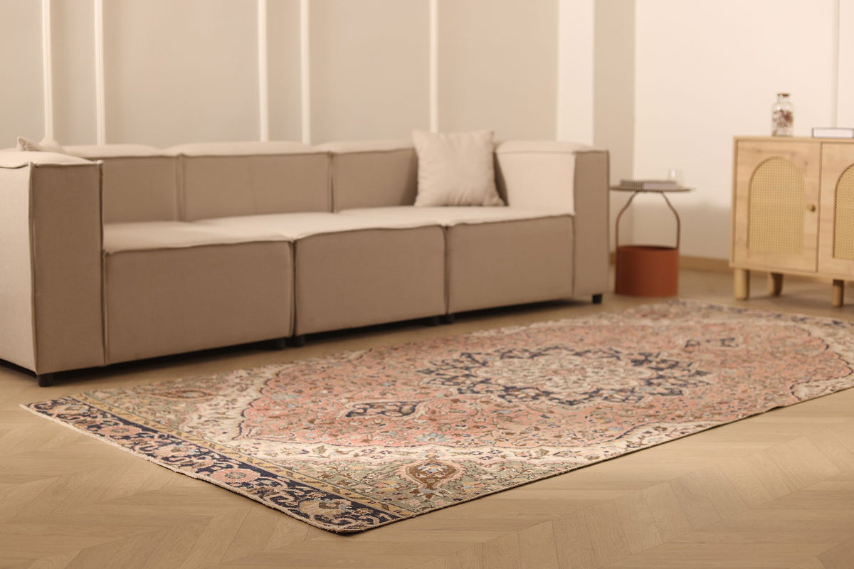 Vintage Isparta Turkish Area Rug 5x11 ft — Beige & Red Floral