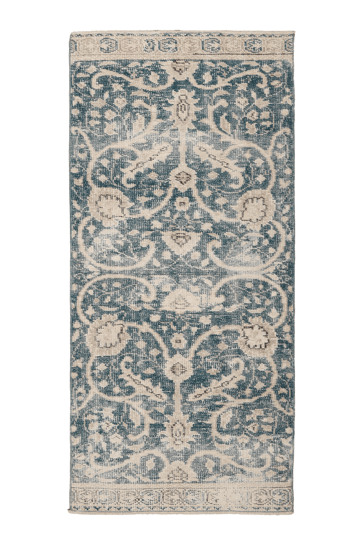 Vintage Isparta Turkish Runner Rug 3x6 ft — Blue & Beige Floral