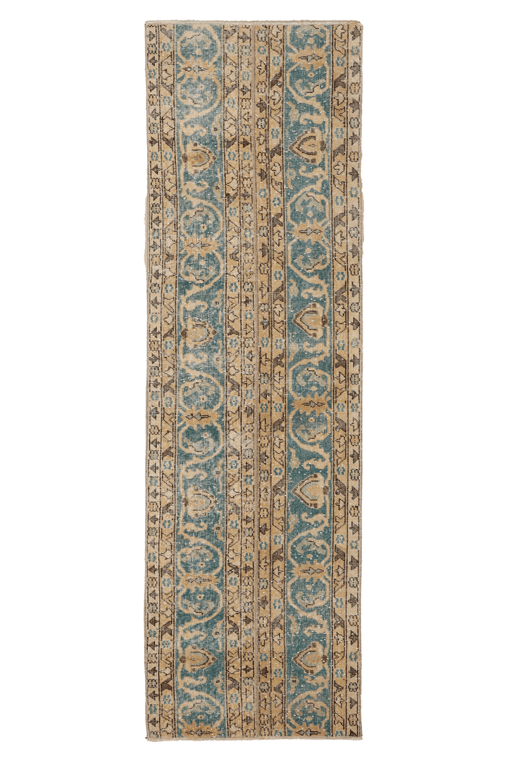 Vintage Isparta Turkish Runner Rug 2x8 ft — Blue & Beige Patchwork