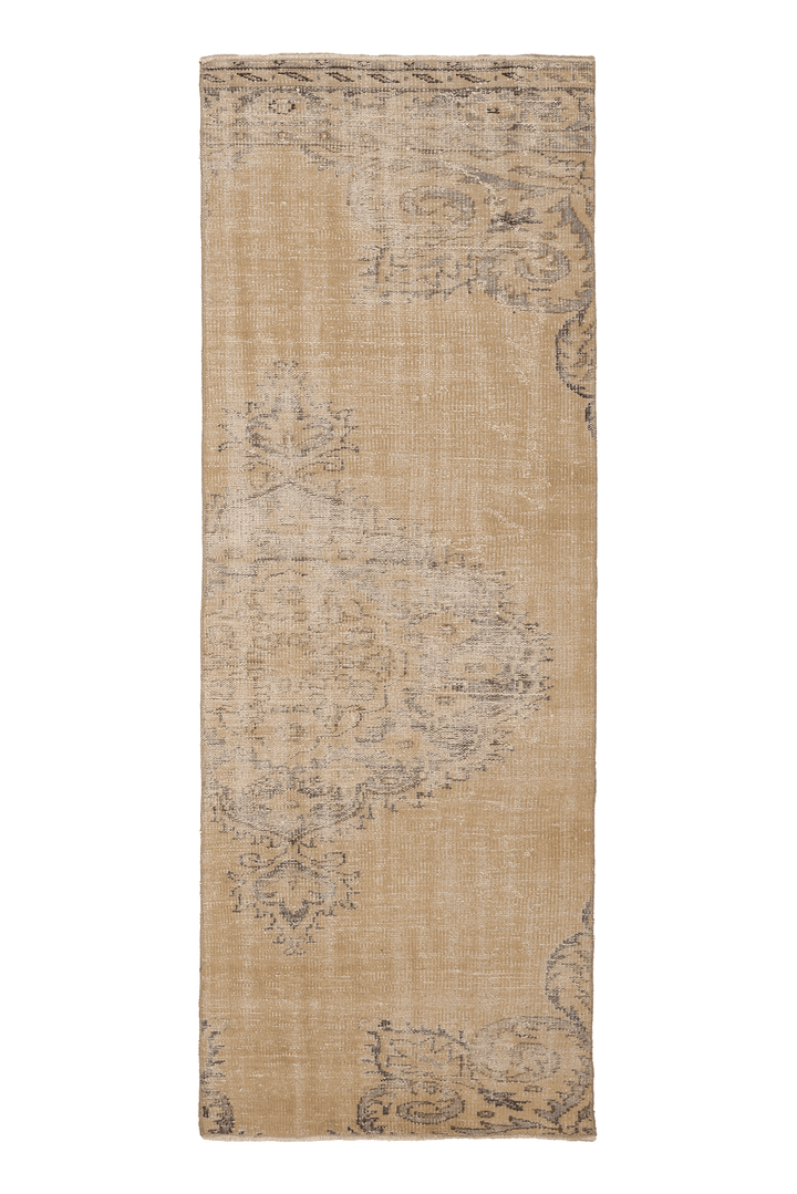 Vintage Manisa Turkish Runner Rug 3x8 ft — Beige & Brown Floral