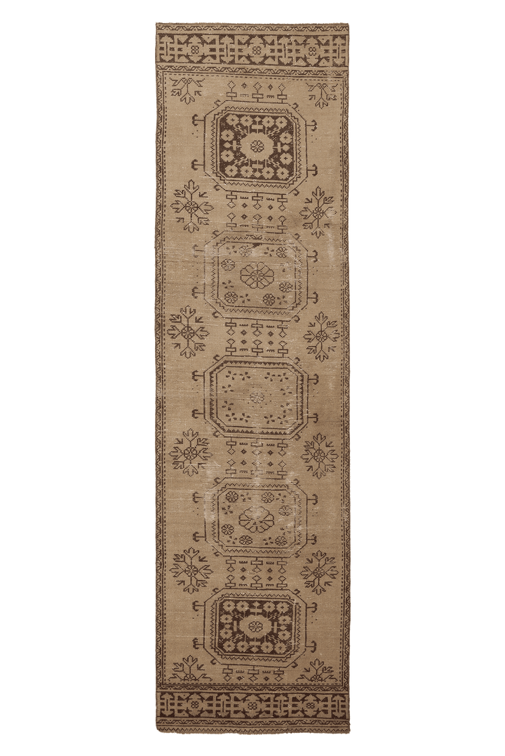 Vintage Konya Turkish Runner Rug 3x11 ft — Beige & Brown Geometric