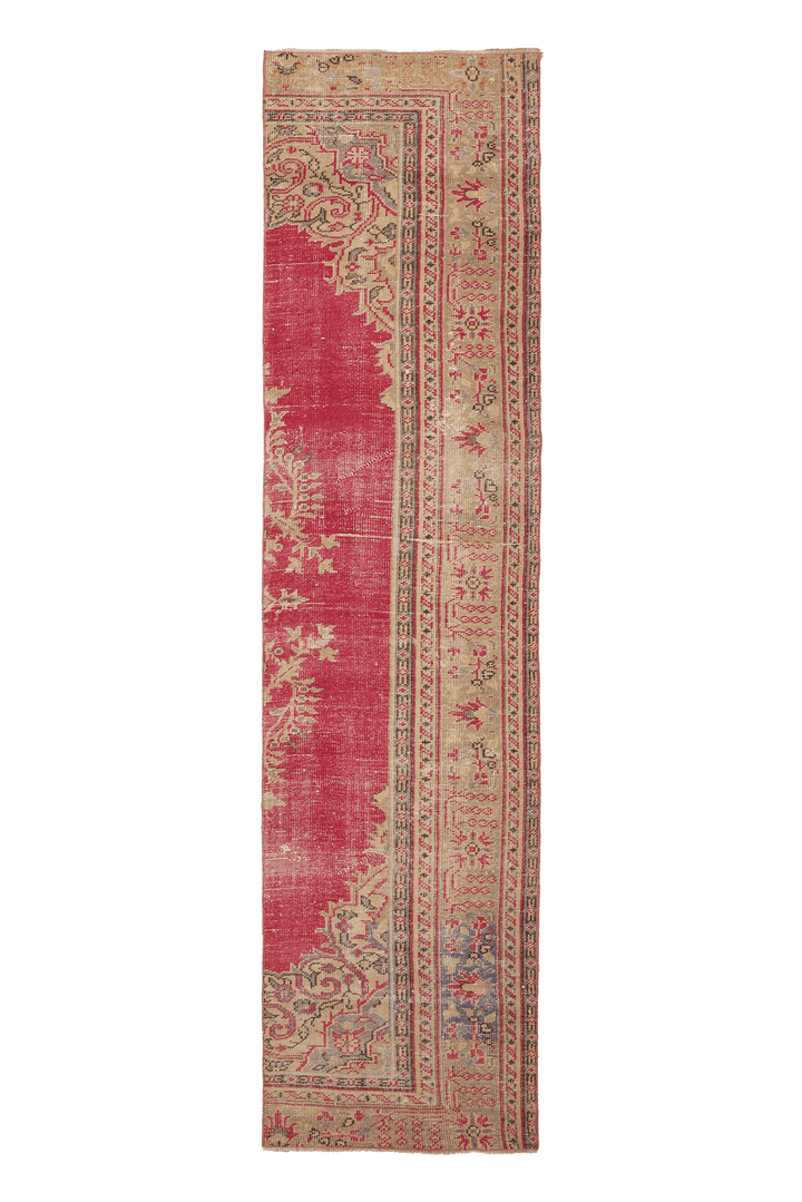 Vintage Manisa Turkish Runner Rug 3x11 ft — Red & Beige Floral