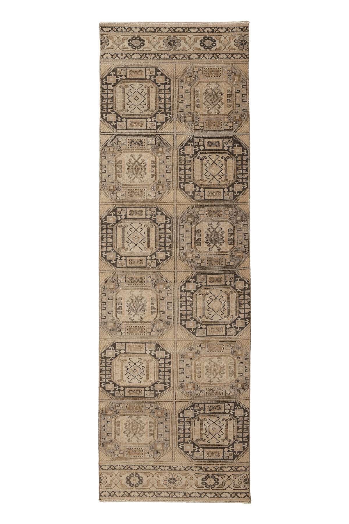 Vintage Kayseri Turkish Runner Rug 3x10 ft — Beige & Brown Geometric