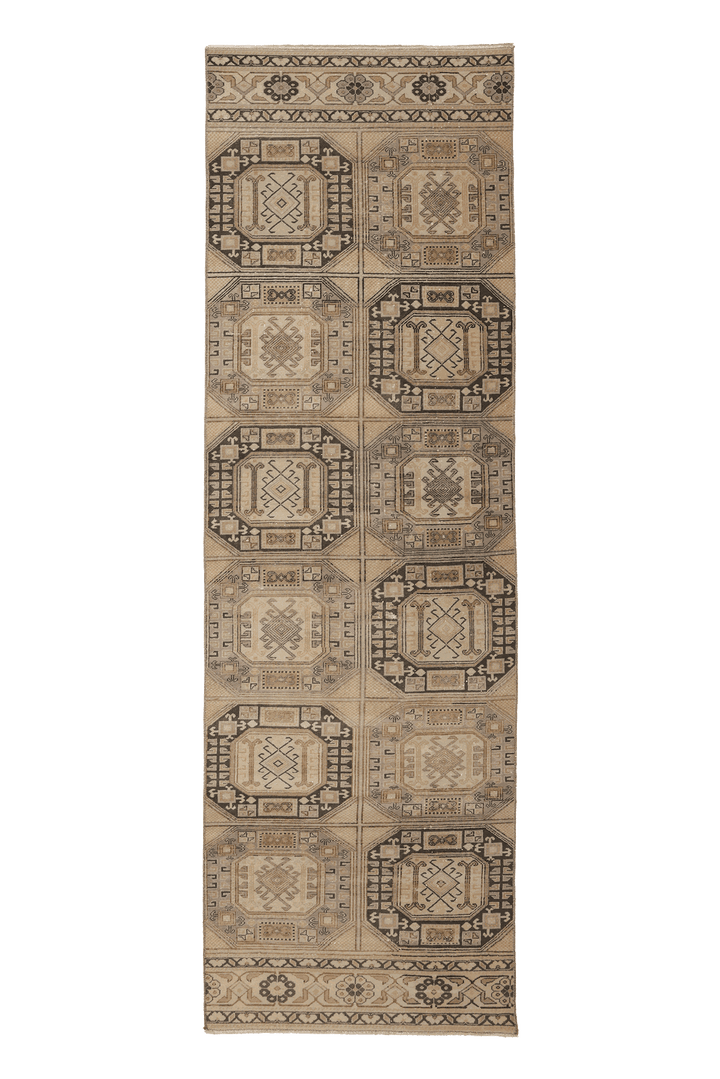 Vintage Kayseri Turkish Runner Rug 3x10 ft — Beige & Brown Geometric