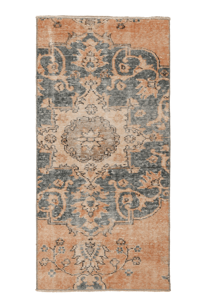 Vintage Isparta Turkish Doormat Rug 2x4 ft — Orange & Gray Floral