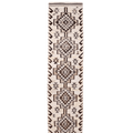 Handmade 2.9x11.2 ft white and brown wool-cotton flatweave runner with geometric Persian-style Kilim patterns.