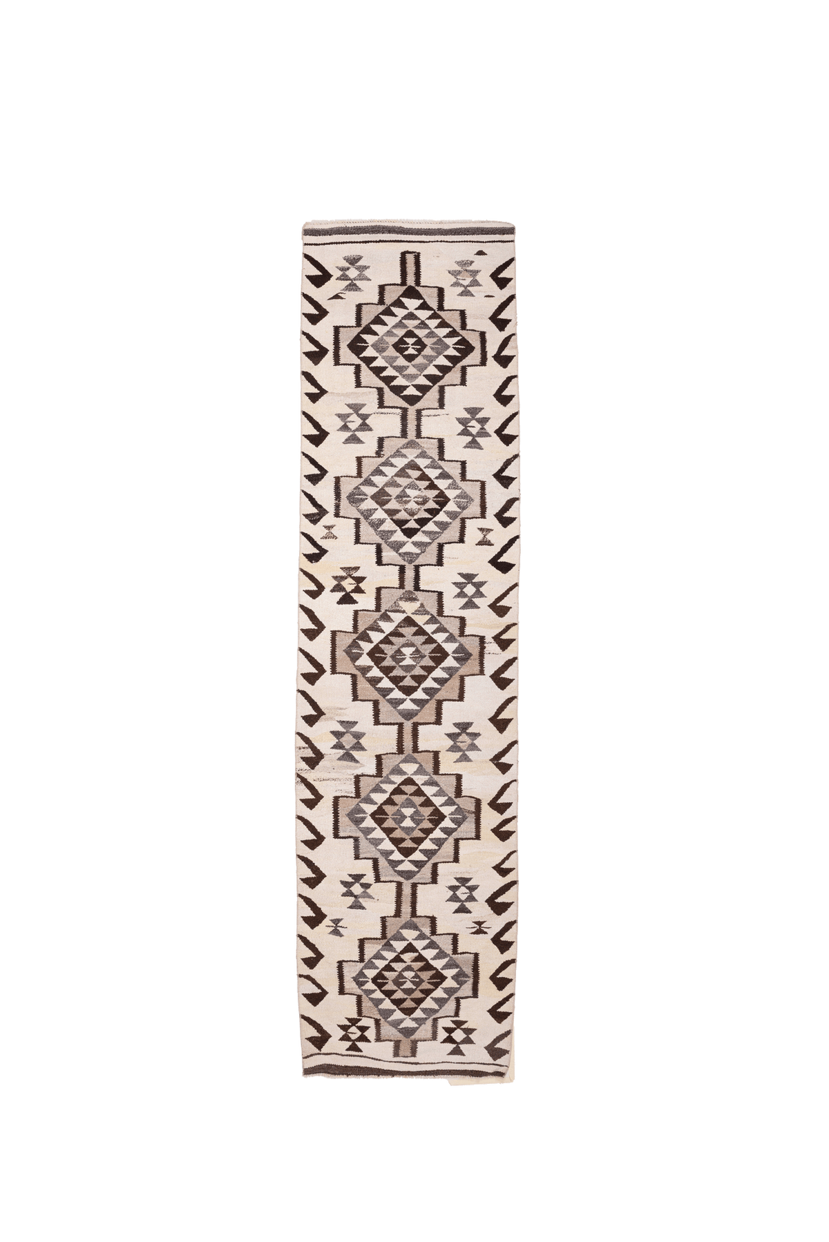 Handmade 2.9x11.2 ft white and brown wool-cotton flatweave runner with geometric Persian-style Kilim patterns.