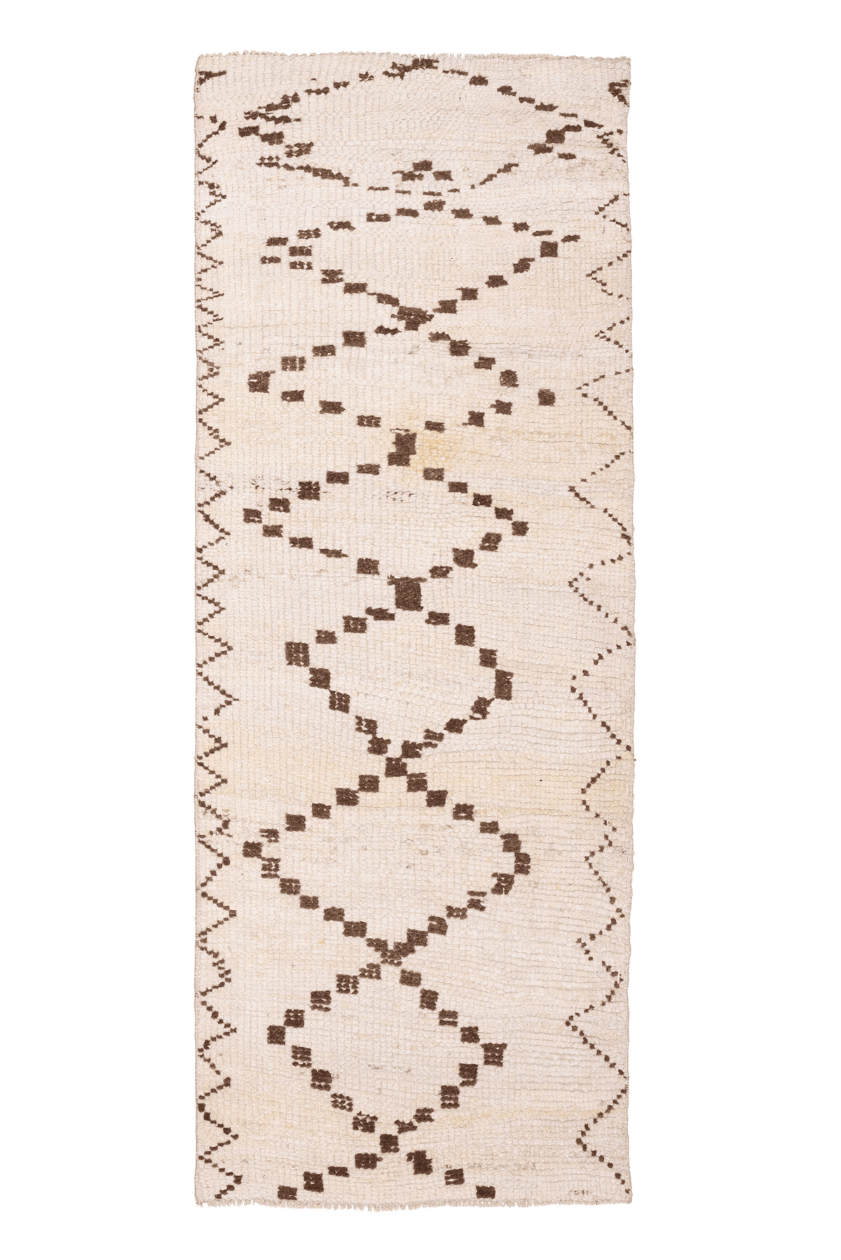 Handmade 2.9x7.6 ft wool and cotton runner rug in white and brown with a geometric farmhouse pattern.