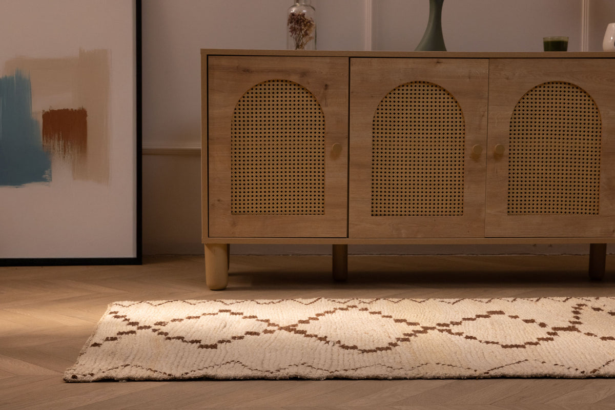 Handmade 2.9x7.6 ft wool and cotton runner rug in white and brown with a geometric farmhouse pattern.