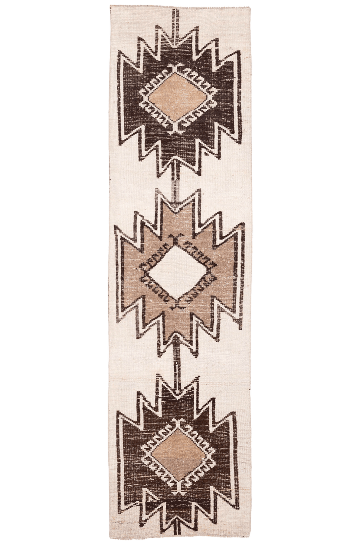 Handmade 2.9 x 10.8 ft wool and cotton runner rug featuring white and brown geometric patterns in a farmhouse style.