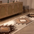 Handmade 2.9x10.8 ft wool and cotton runner rug featuring white and brown geometric Persian-style patterns.