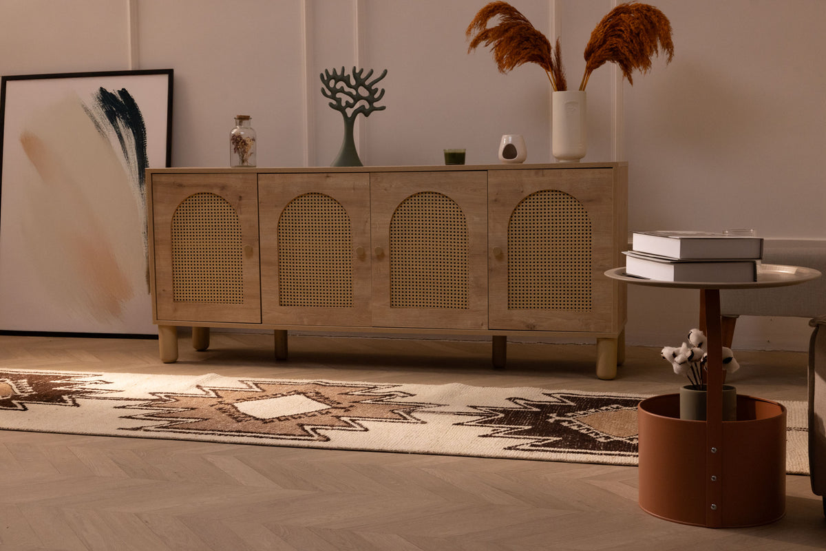 Handmade 2.9 x 10.8 ft Persian-style runner rug in white and brown with geometric patterns, crafted from wool and cotton.
